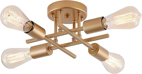 Lámpara de techo semiempotrada de 4 luces, lámparas doradas de mediados de siglo para pasillo, entrada, dormitorio, cocina, comedor, porche,