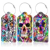 EOBKLAX 3 Pack Colorful Skull Luggage Tags for Suitcases,Skull Graffiti Leather Baggage Suitcases Tag Name ID Label Privacy Cover Travel Bag Tags for Women Men Boys Girls