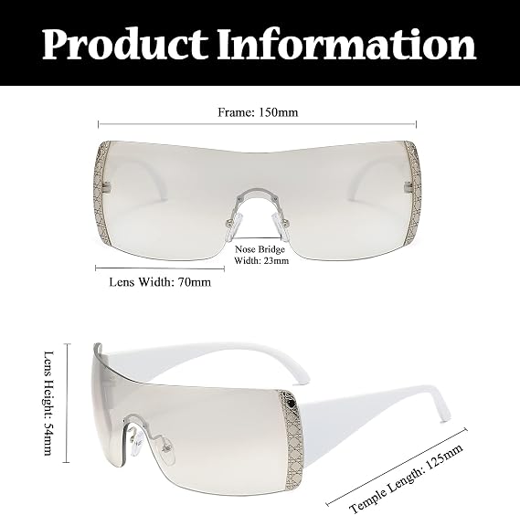 LJCZKA Retro Square Sunglasses for Women Rimless Oversized y2k Rimless Sunglasses One Piece Shades UV400 Protection