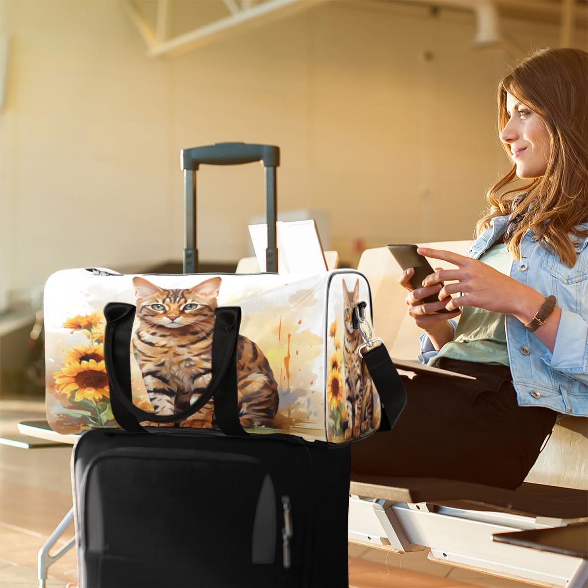 Watercolour Cat Sunflower Travel Duffel Bag for Women Men Large Capacity Overnight Weekender Bags for Lightweight Waterproof Sport Gym Bag for Workout Yoga Swim