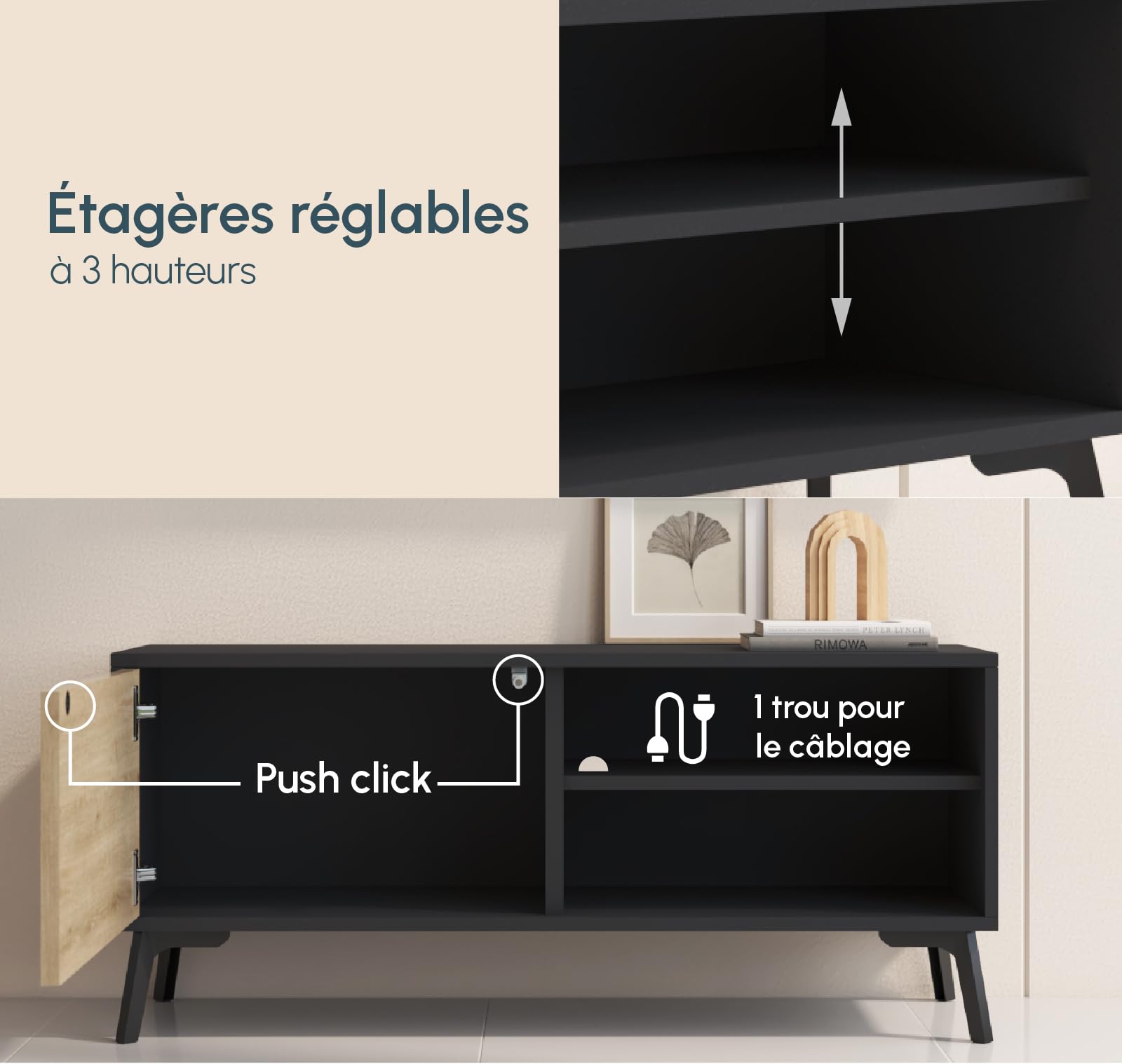 MB Muebles Bonitos | Meuble TV Bas Kai avec 1 Porte pour Salon Moderne | Meuble en Mélamine Mate | Couleur Noir et Sonoma | 100x42x30 cm