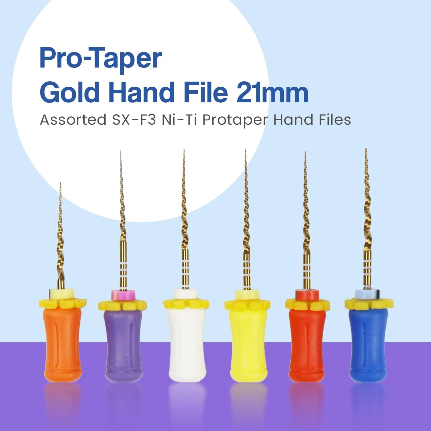 Professional Hand Files Set, 21mm, Assorted Colors with Gold Spiral Handle, 6 Pack