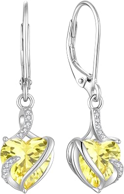 FJ Heart Dangle Drop Earrings 925 Sterling Silver Birthstone Earrings | Leverback Earrings, Gemstone Jewelry Gifts for Women