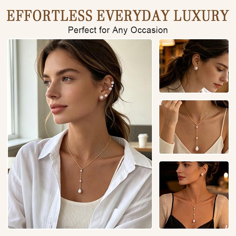 Image of Pearl Earring Stud Pearl Necklace Choker for Bride Wedding Earring Necklace