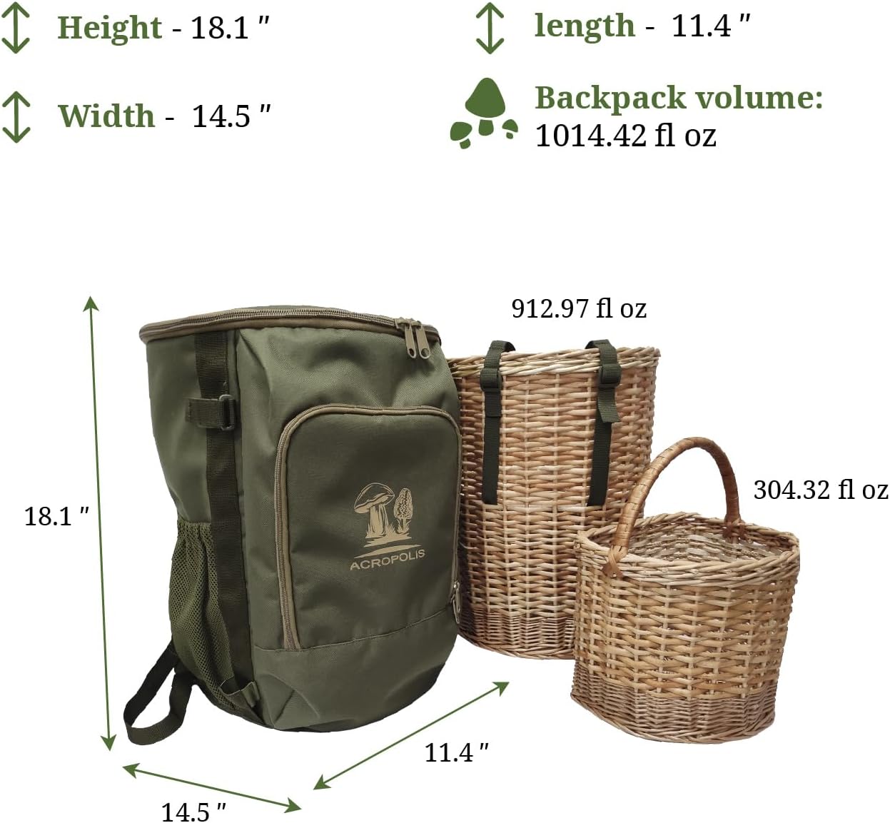 Acropolis Mushroom Hunting Backpack with 2 Wicker Foraging Baskets | Water-resistant foraging daypack with compartments. Ideal for morel hunting, wildcrafting, and nature collecting essentials.