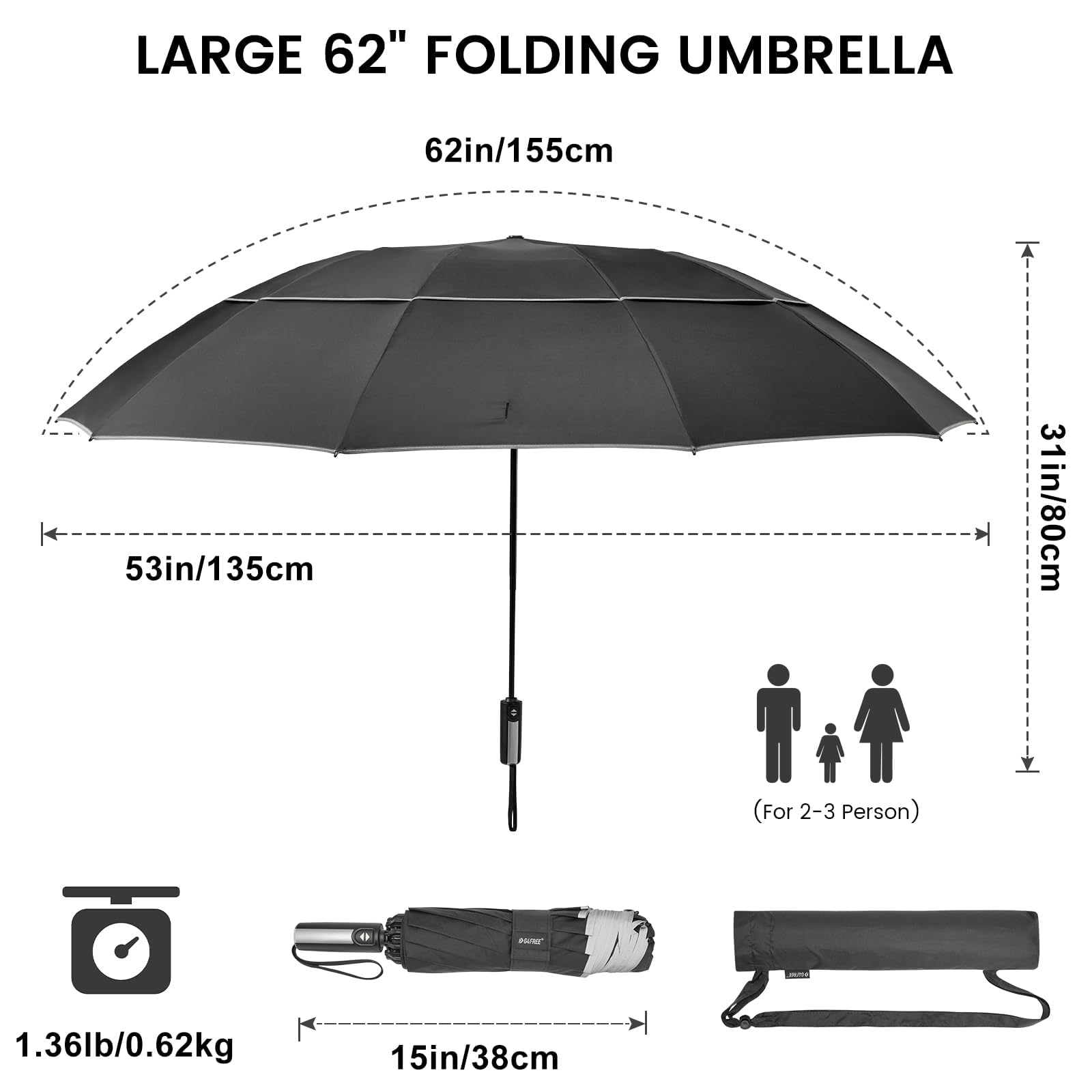 G4Free 152 cm automatycznie otwierany składany parasol z odblaskowym paskiem, 10 żeber, duży parasol golfowy, podróżny, kompaktowy, odwrócony parasol, wiatroszczelny, podwójny baldachim