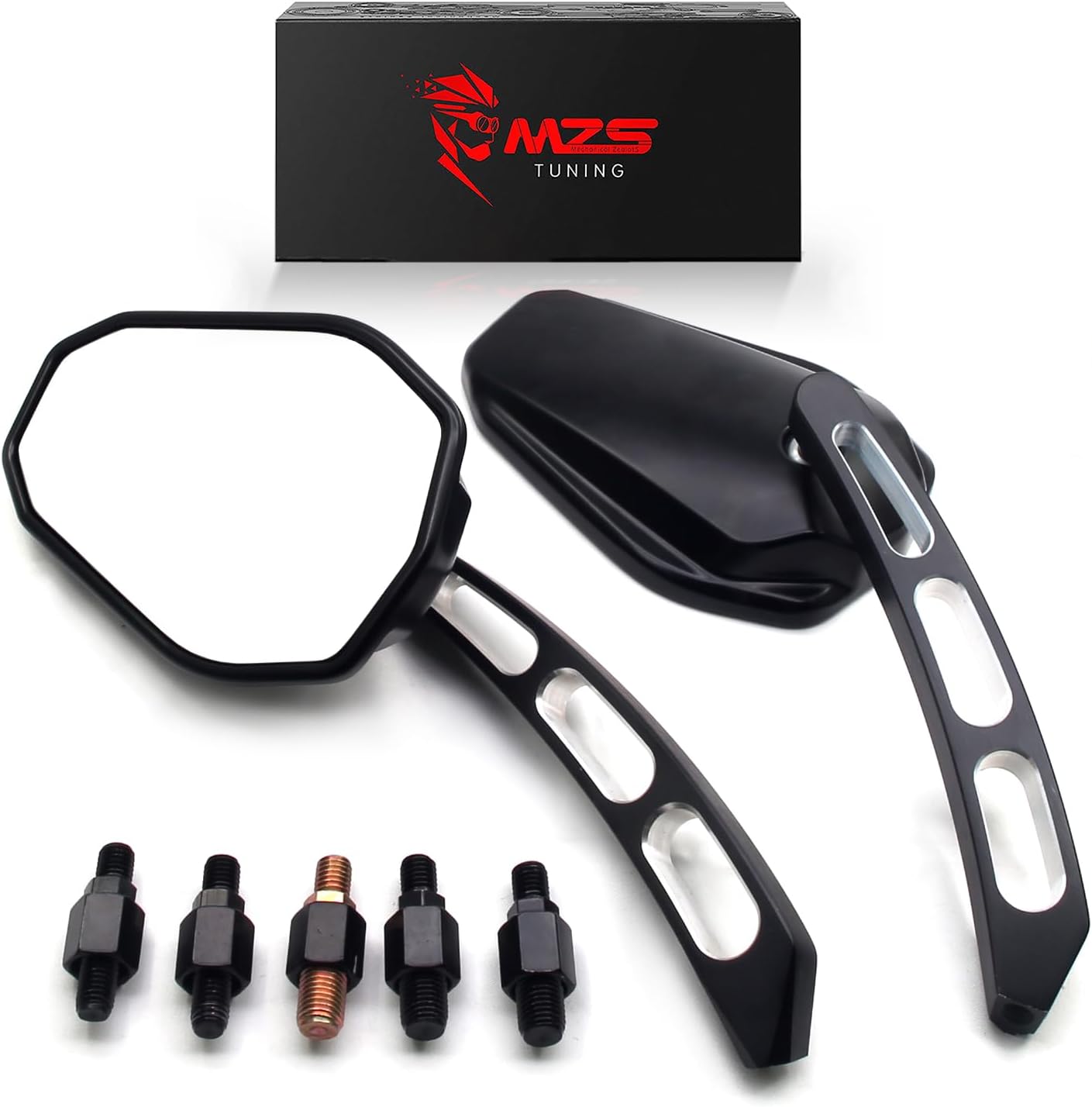 MZS Motorcycle Mirrors, Universal 10mm 8mm Motorbike Handlebar Rear View Side Mirror with Hollow Rod Accessories Black fit for Touring Cruiser Street Naked Bike Scooter