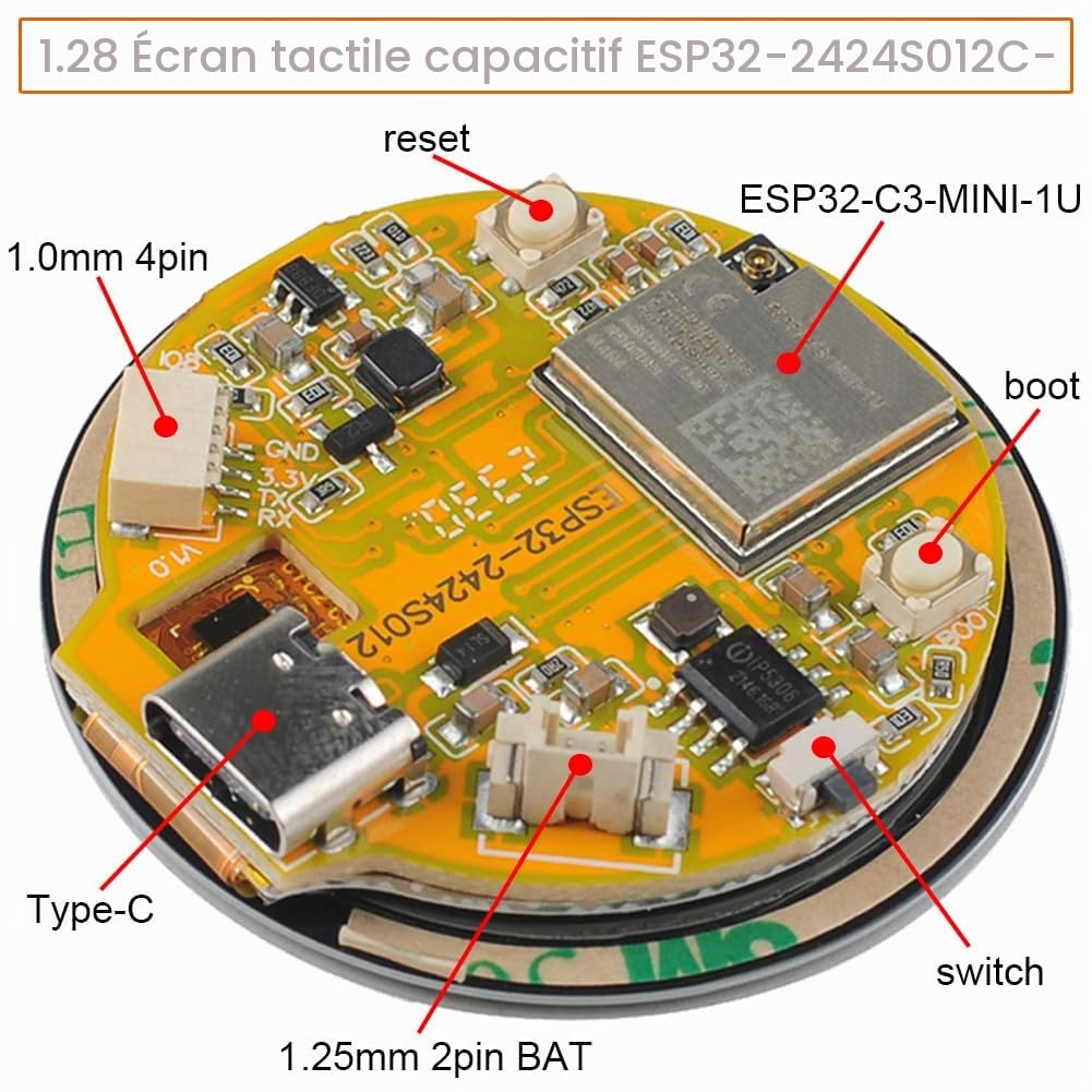 DIYmalls 1,28 Pouces ESP32 IPS Écran Rond ESP32-2424S012C-I Module LCD TFT capacitif à écran Tactile 240x240 ESP32-C3 pour Arduino IDE