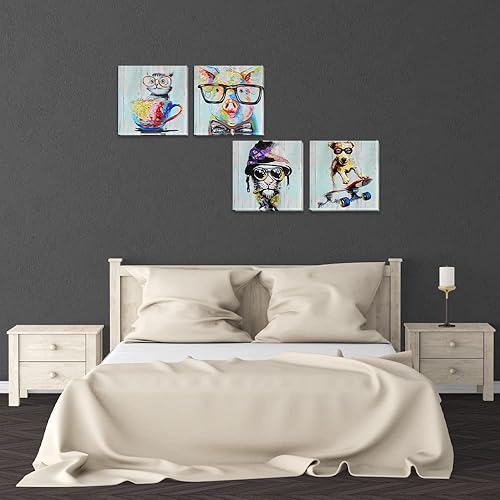 Miniatura 2 de Arte de pared de animales de dibujos animados con imágenes de vidrio, lienzo colorido de perro, cerdo, gato, pintura, obra de arte para niños y