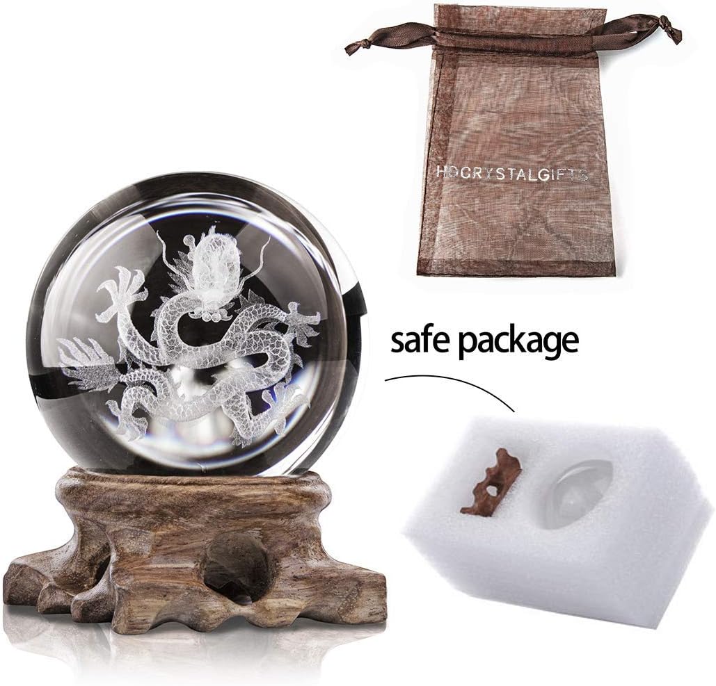 HDCRYSTALGIFTS 3D Inner Carved Dragon Crystal Ball Paperweight 60mm Glass Ball Ornament Lucky Sphere for Birthday Gift with Wooden Base - Image 8