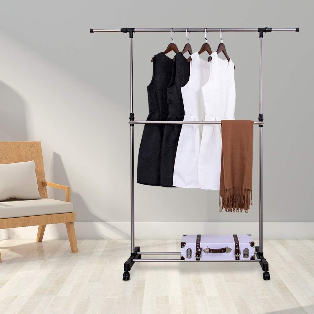 SUNPACE Adjustable Freestanding Clothing Garment Rack Black Extra Single Rod and Storage Shelf