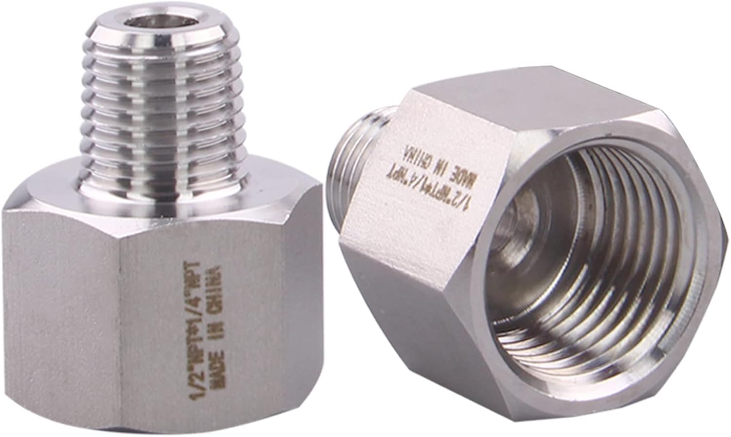 Forged Reducer Adapter Fitting - Stainless Steel 304 Reducing Pipe Connector, 1/2" NPT Female x 1/4" NPT Male (pack of 2)
