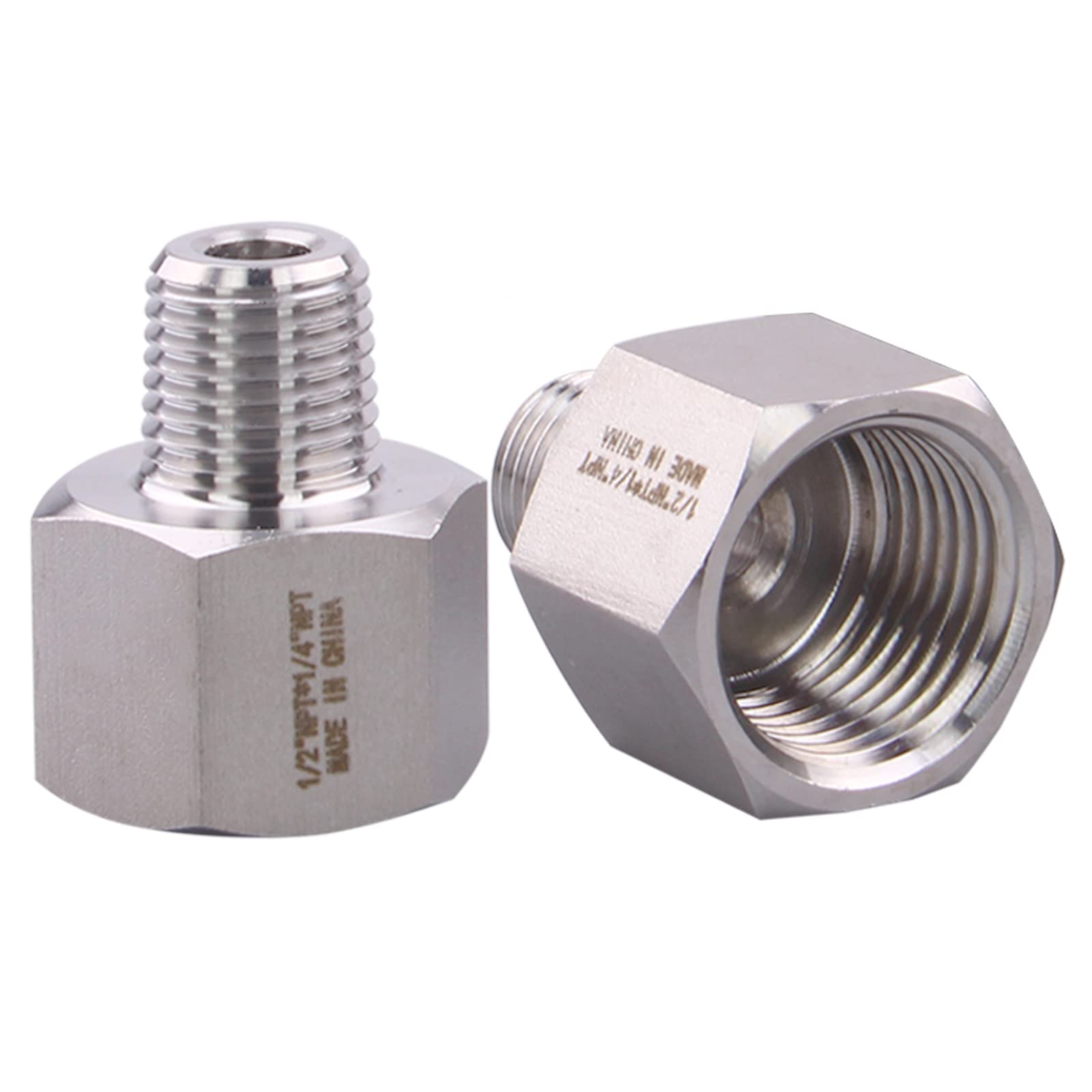 Forged Reducer Adapter Fitting - Stainless Steel 304 Reducing Pipe Connector, 1/2" NPT Female x 1/4" NPT Male (pack of 2)
