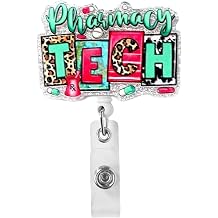 Pharmacy Tech Badge Reel,Acrylic Funny Cute ID Name Badge Holder Retractable with Alligator Clip,Pharmacy Technician Accessories Gifts for Nurse Medical Worker Student