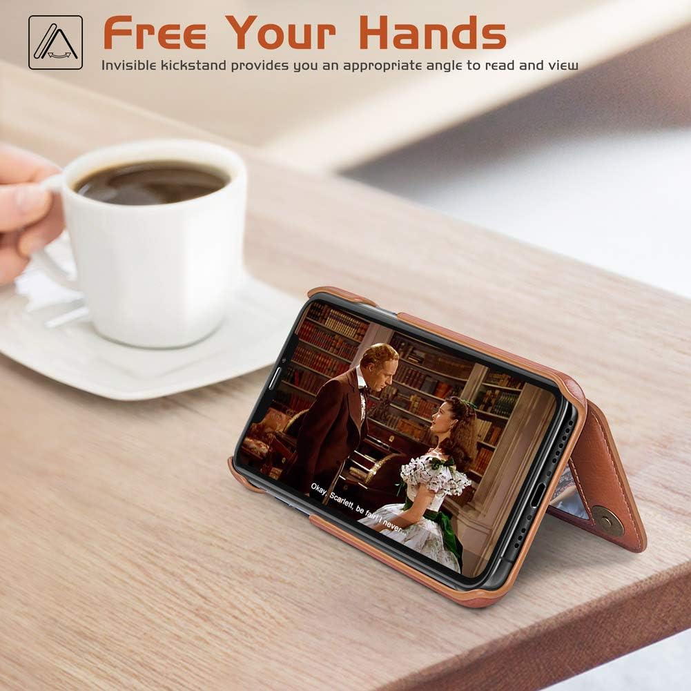 LOHASIC for iPhone Xs Wallet Case, for iPhone X Phone Cover to Men Women, 5 Card Holder Premium PU Leather Credit Slot, Magnetic Clasp Kickstand Flip Folio Portfolio Pocket, 5.8 Inch - Brown