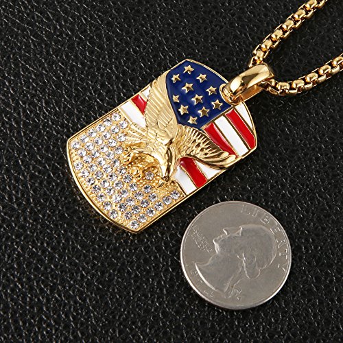 HZMAN Men's 18k Gold Plated Stainless Steel 3D Eagle American Flag Dog Tag CZ Pendant Necklace (Dog Tag - B)4