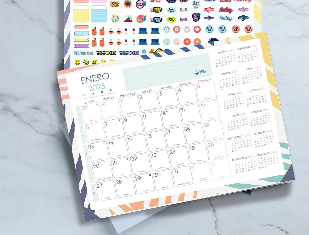 Planning mensual calendario liderpapel planificador joven 2025 44x32 cm con pegatinas lomo engomado papel 128 gr.
