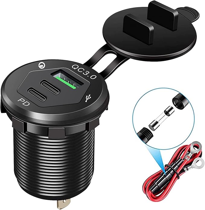 USB C Car Charger Socket, 12V USB Outlet with 18W Dual PD