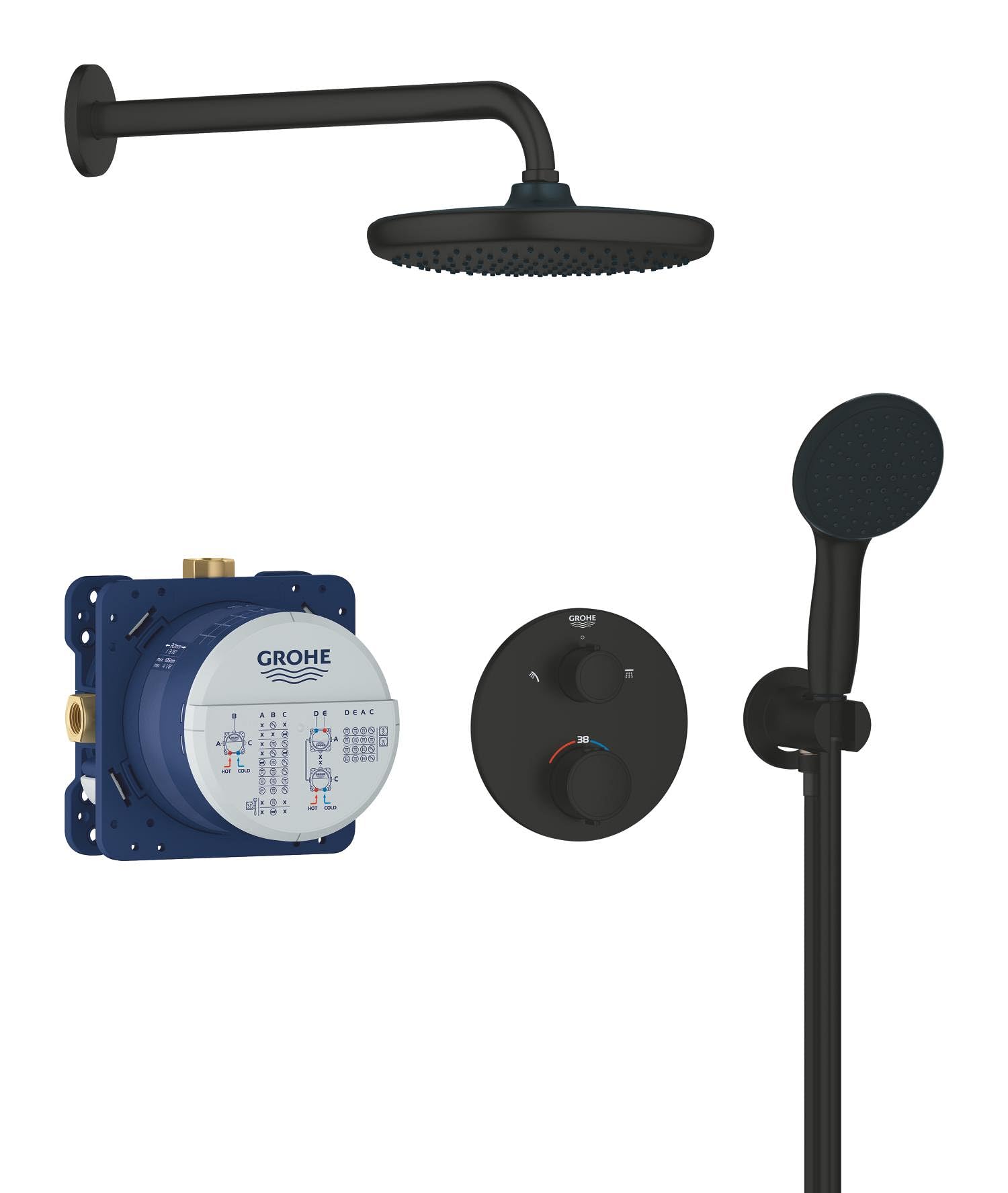 GROHE Precision Thermostatique Rond Ensemble de Douche Encastré Vitalio Start avec Douche de Tête 25cm, Douchette 11cm 2 jets, Support Mural et Flexible 1.5m, Economie d'Eau, Noir Mat, 348832430