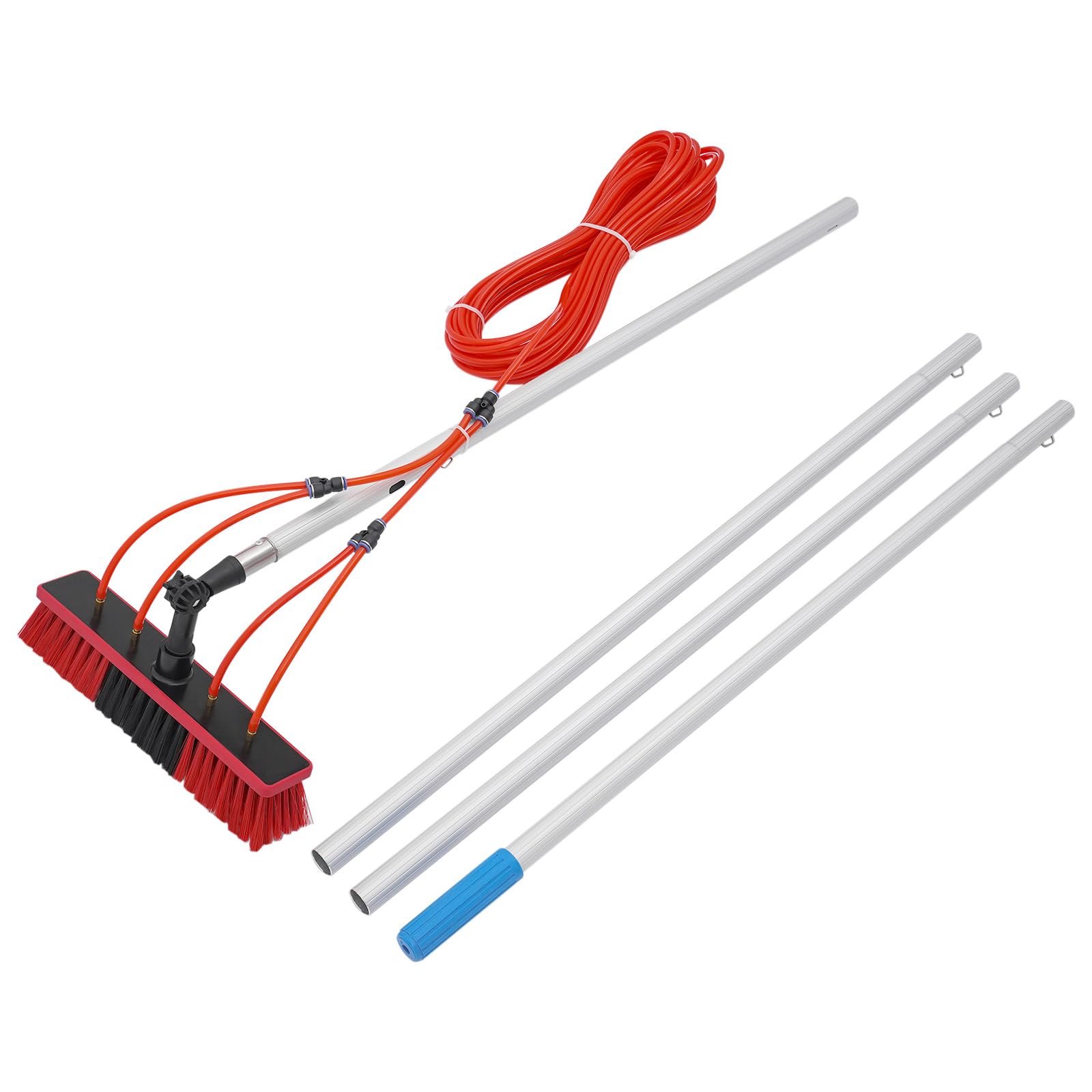 Cepillo de lavado telescópico de 4 m, cepillo de limpieza con mango telescópico y 20 m de longitud de la tubería de agua, limpiador de tejado de terraza, barra telescópica con cepillo para limpieza de