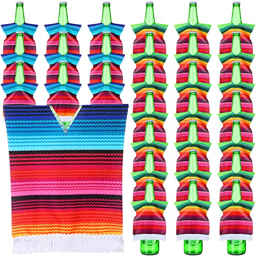 30 Pieces Beer Poncho Mini Serapes for Cinco De Mayo Mexican Serapes Poncho Assorted Beer Bottle Drink Cover Multicolor Serapes for Bottles with Tassels for Margarita Party Decorations