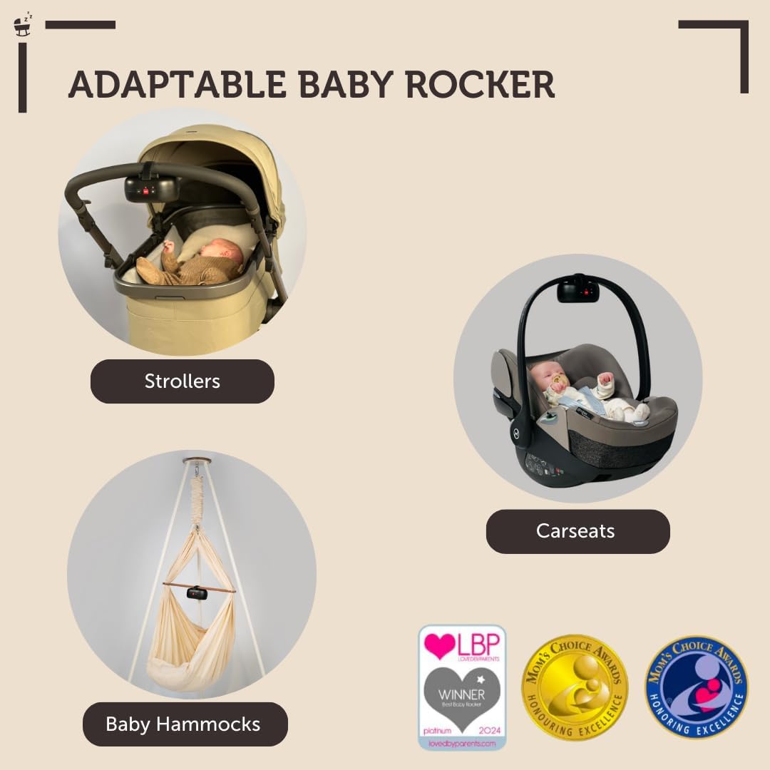 Image showing the ZAZU Robby attached to various baby carriers: a stroller, a car seat, and a baby hammock, demonstrating its adaptability.