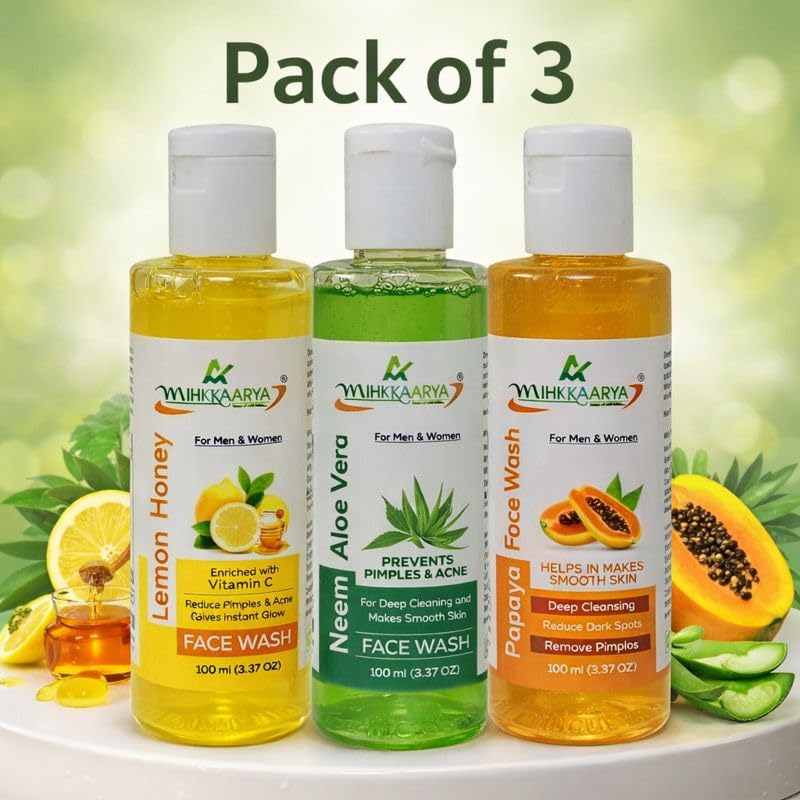 Image of Herbal Glow Care - Papaya, Lemon & Honey, Neem & Aloe Vera Face Wash Combo (Pack of 3)