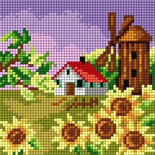 Wizardi Four Seasons Autumn Windmill Printed Needlepoint Canvas - Farm