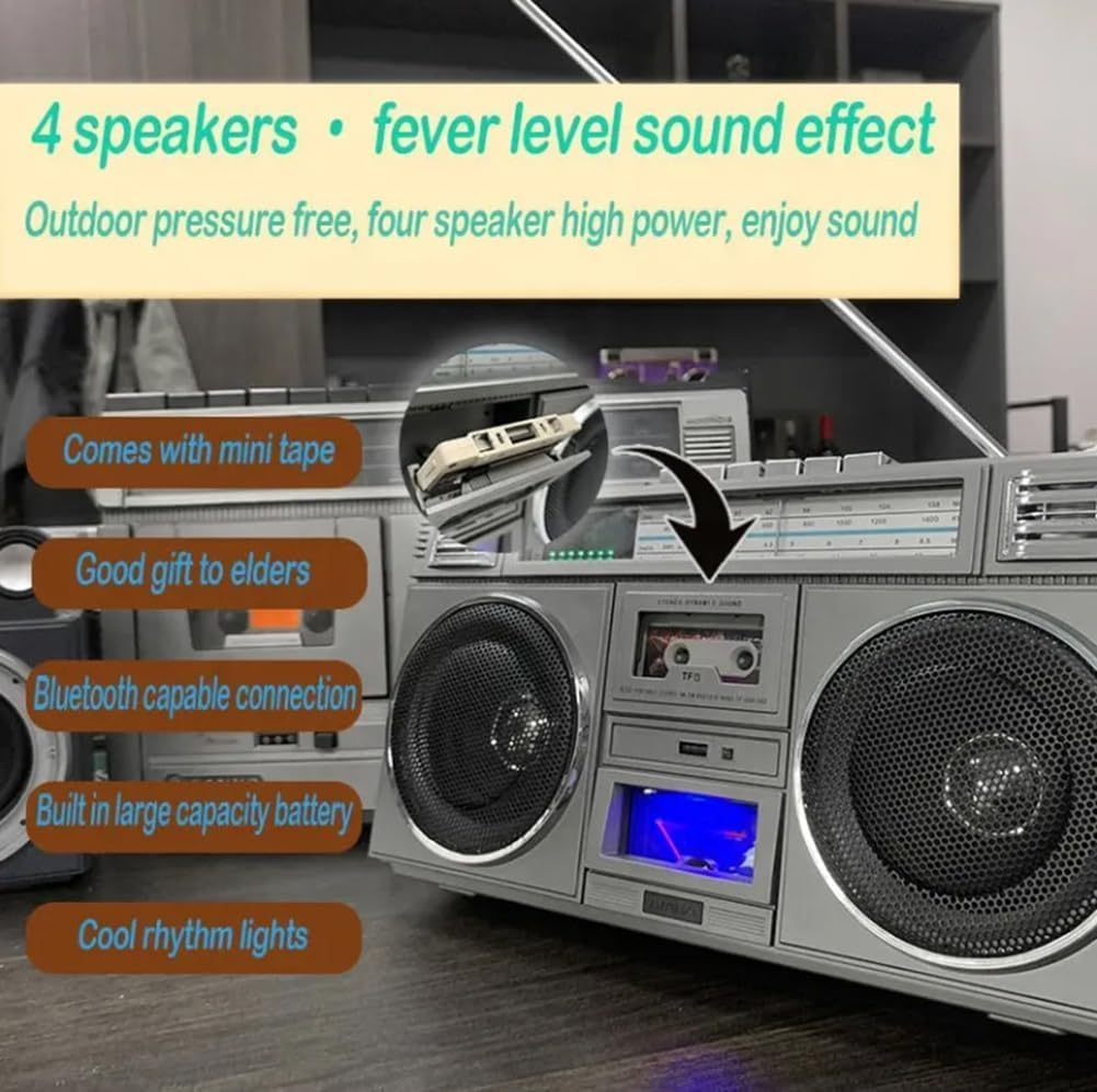 Boombox retrò con Bluetooth, radio AM/FM, lettore CD e nastro, sistema portatile a 4 altoparlanti, supporto USB/AUX per riunioni di famiglia e street dance