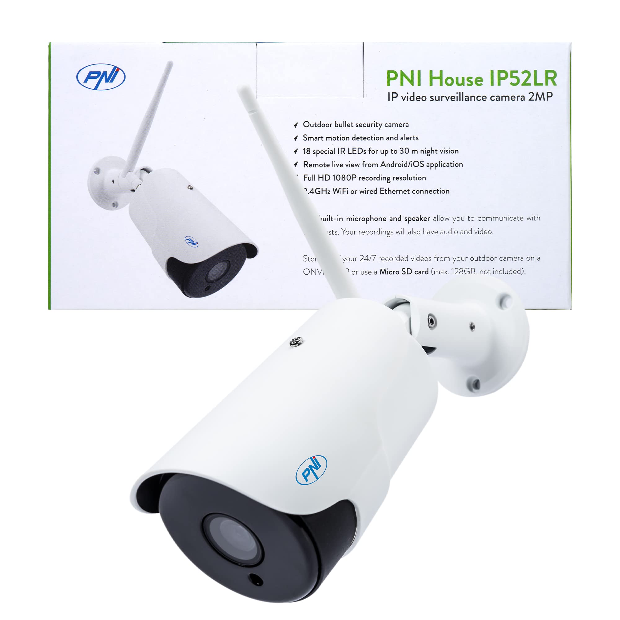 Kamera do monitoringu wideo PNI House IP52LR 2MP 1080P bezprzewodowa z zewnętrznym i wewnętrznym gniazdem i microSD, tryb nocny