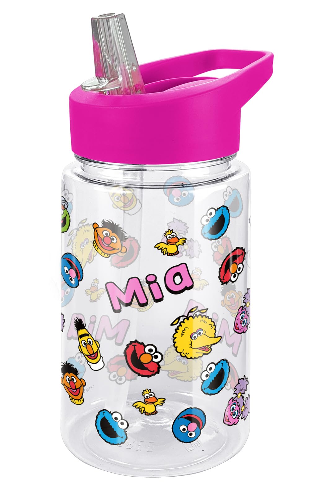 Sesame Street Name in Pattern Kids Tritan Plastic Water Bottle with Straw Lid and Handle, Reusable Tumbler for Toddlers, Unisex for Girls and Boys, 12oz, Personalized Name: MIA