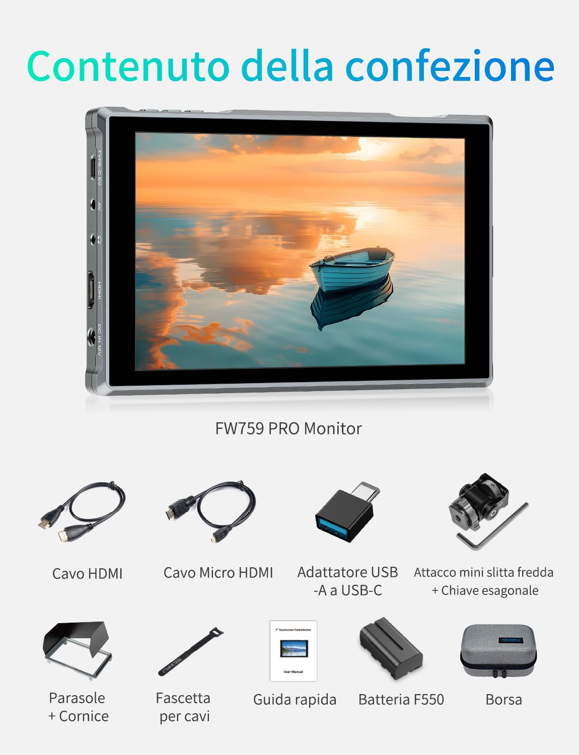 FEELWORLD FW759PRO 7 Pollici 400nit Monitor da Campo touchscreen Ingresso/uscita HDMI 4K e monitoraggio della forma d'onda per videografi e creatori di contenuti con con batteria da 2200 mAh e borsa