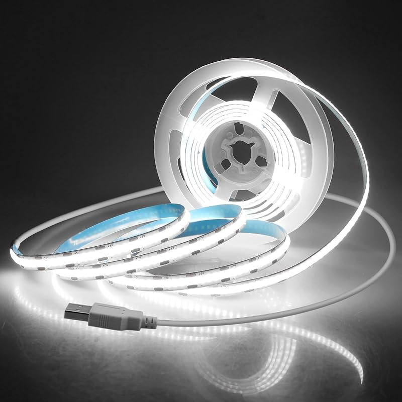 USB COB LED Strip Lights for TV 5V USB Powered LED Tape Lights Daylight White 6.56FT 320Leds/M 6000K COB Flexible Light Strip TV Led Backlight for Bedroom Under Cabinet Kitchen DIY 400LM/m
