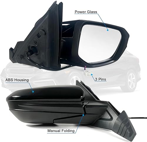 Miniatura 2 de Espejo de puerta lateral derecha del pasajero para Honda CIVIC LX SE Sport 2016-2021 con espejo eléctrico Ajust plegado manual sin calor a negro