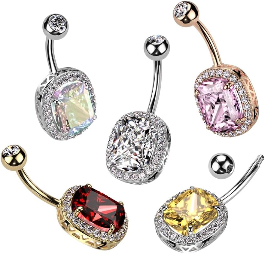 Pierced Owl 14GA 316L Stainless Steel Oval CZ Crystal with Surrounding CZs Belly Button Ring - Image 3