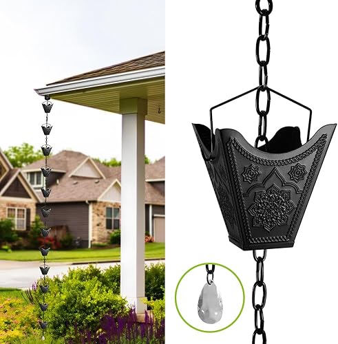 Miniatura 3 de Vindar Cadenas de lluvia, cadena de lluvia negra tallada con mandala 3D, cadenas de lluvia de metal en polvo de 8.5 pies para exteriores, repuesto