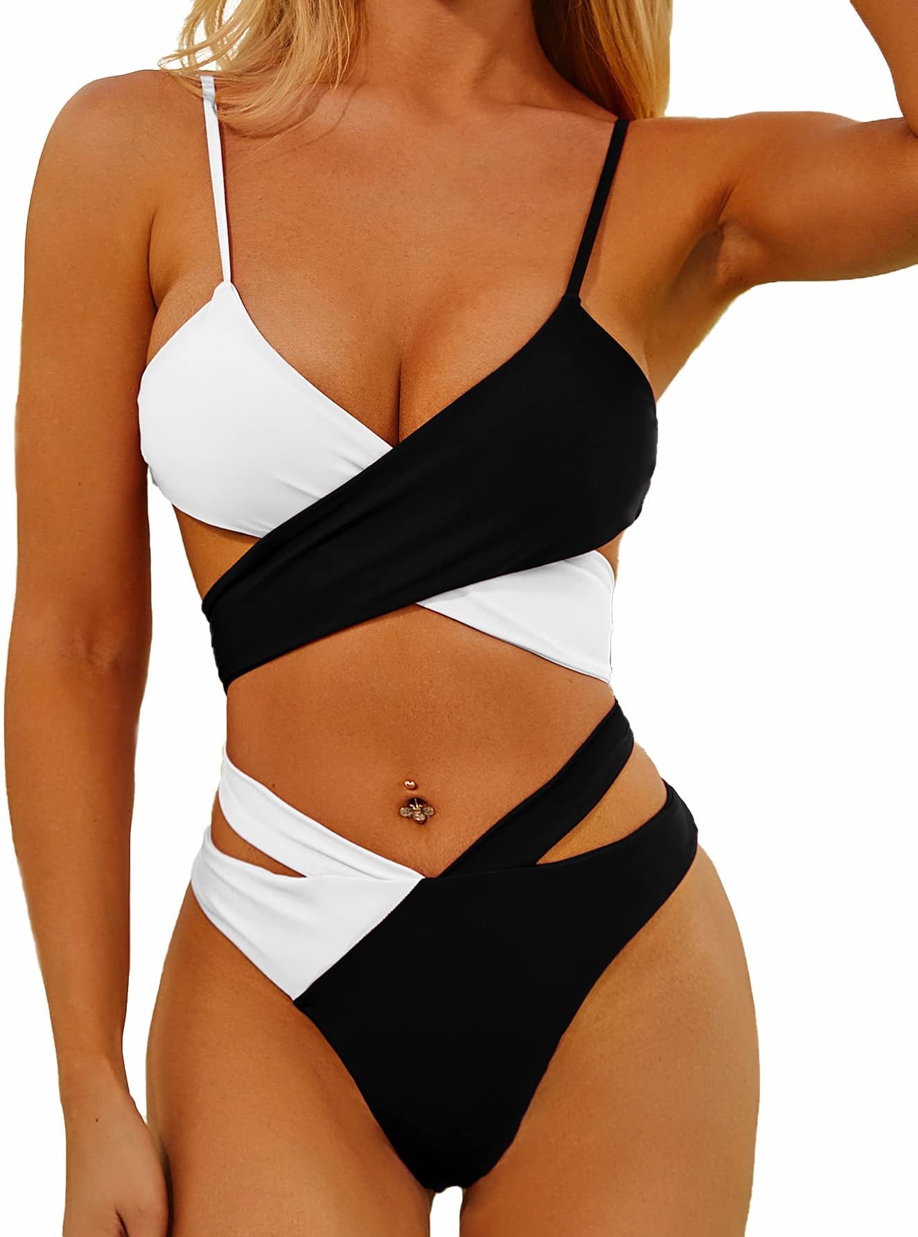 Sexy Wrap Cutout Color Block Bikini High Cut Brazilian Swimsuit Set 2 Piece