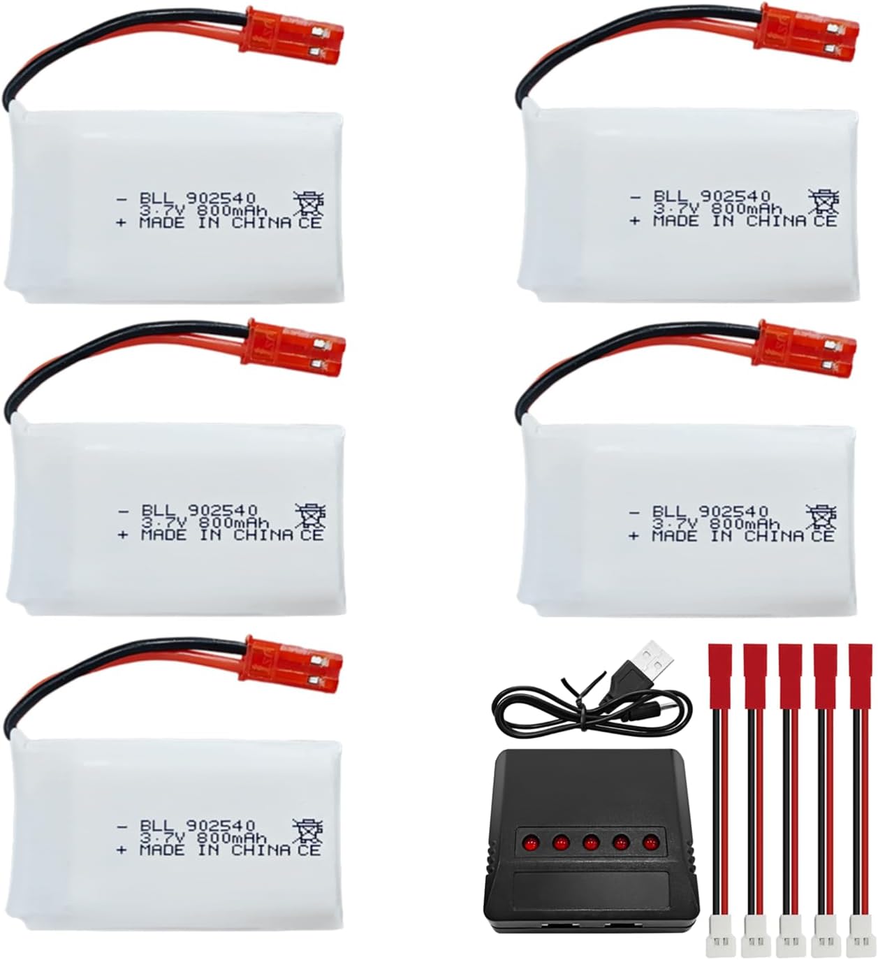 5PCS 3.7V 800mAh 30C Lipo Battery with 5-in-1 Charger JST Plug for SYMA X56W MJX X400W X300C X800 HS110 HS200 S670 V950hd S1750 V2450 RC Drone,Four Axis Aircraft Backup Battery