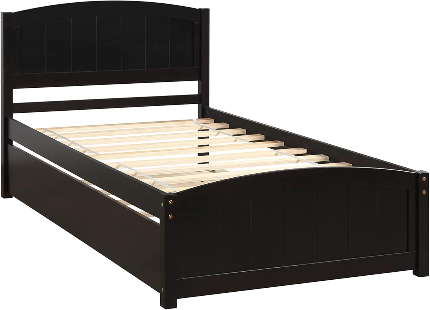 P PURLOVE Twin Platform Bed Frame with Trundle, Wood Platform Bed with Wooden Slats, No Box Spring Needed, Espresso