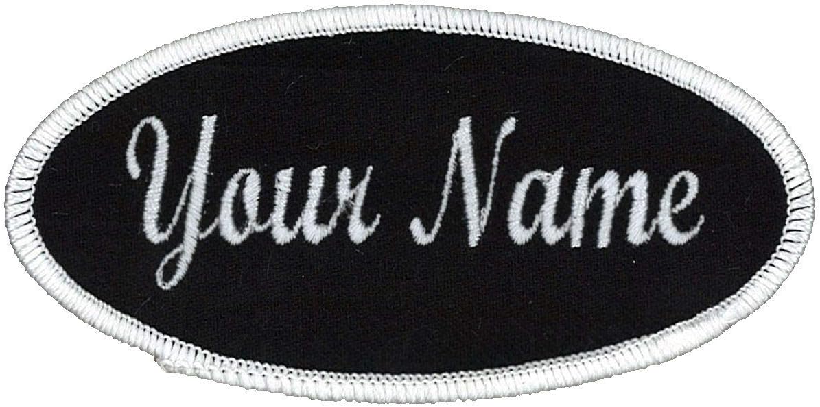 Oval Name Patch Uniform Work Shirt Custom Embroidery, Black/White Border Arial, Sew On