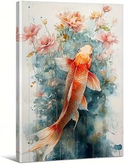 AEUCNI Watercolor Koi Fish and Lotus Flower Canvas Wall Art, Serene Asian Inspired Aquatic Painting for Living Room Bedroom Decor 8" x 12"