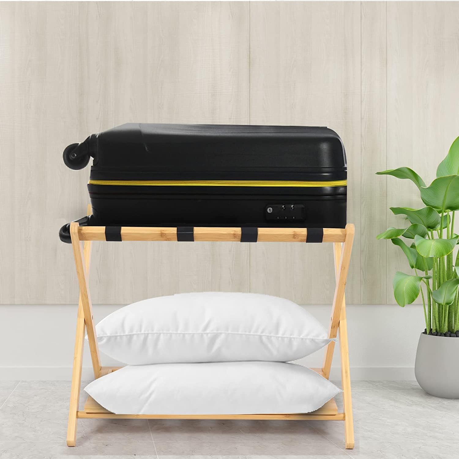 REDCAMP Holz Kofferständer Luggage mit Regal für zu Hause,Klappbarer Gepäckträger für Gästezimmer, Hotelzimmer 68 x 40 x 58 cm
