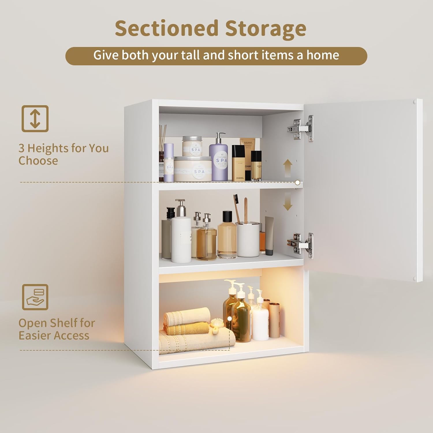 Wall Mounted Storage Cabinets with Lights, Over-The-Toilet Storage Vanity, Bathroom Medicine Organizer Adjustable Shelves Cabinet for Small Spaces (White)