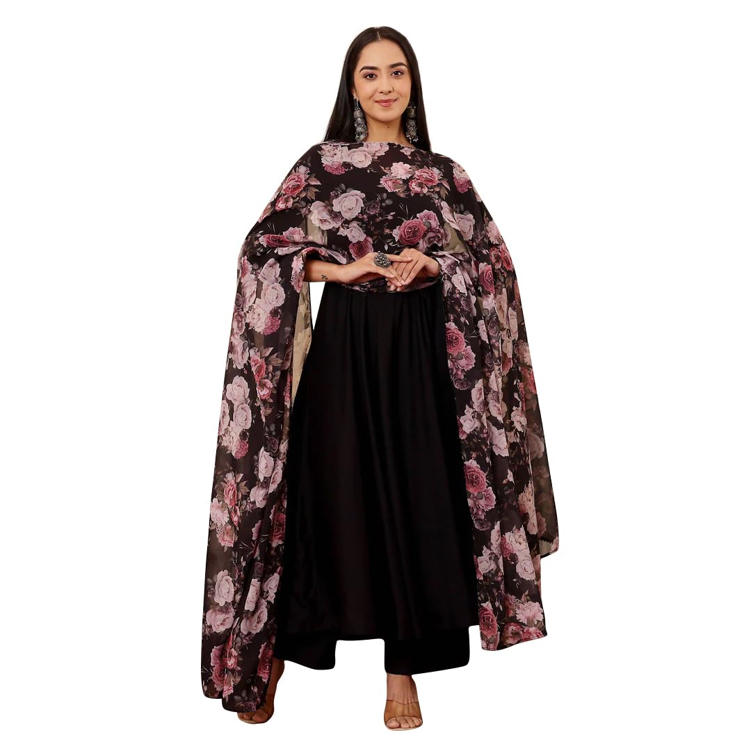 Toochki Women's Black Rayon Fit & Flared Ethnic Gown With Dupatta For Women | Ethnic Gowns Set | Ethnic Anarkali Set | Dress For Wedding | Black Kurti Set