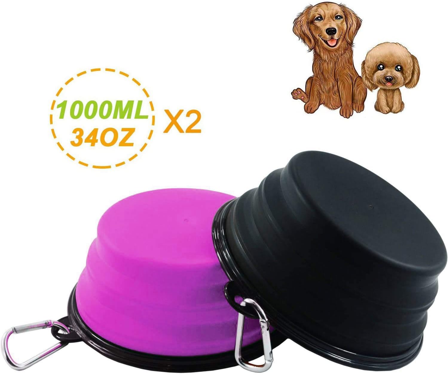 HIINMAY Large Silicone Collapsible Travel Dog Bowl Waterproof Pet Bowl, Pack of 2 (Purple+Black), Large (2x1000ml) - Image 5