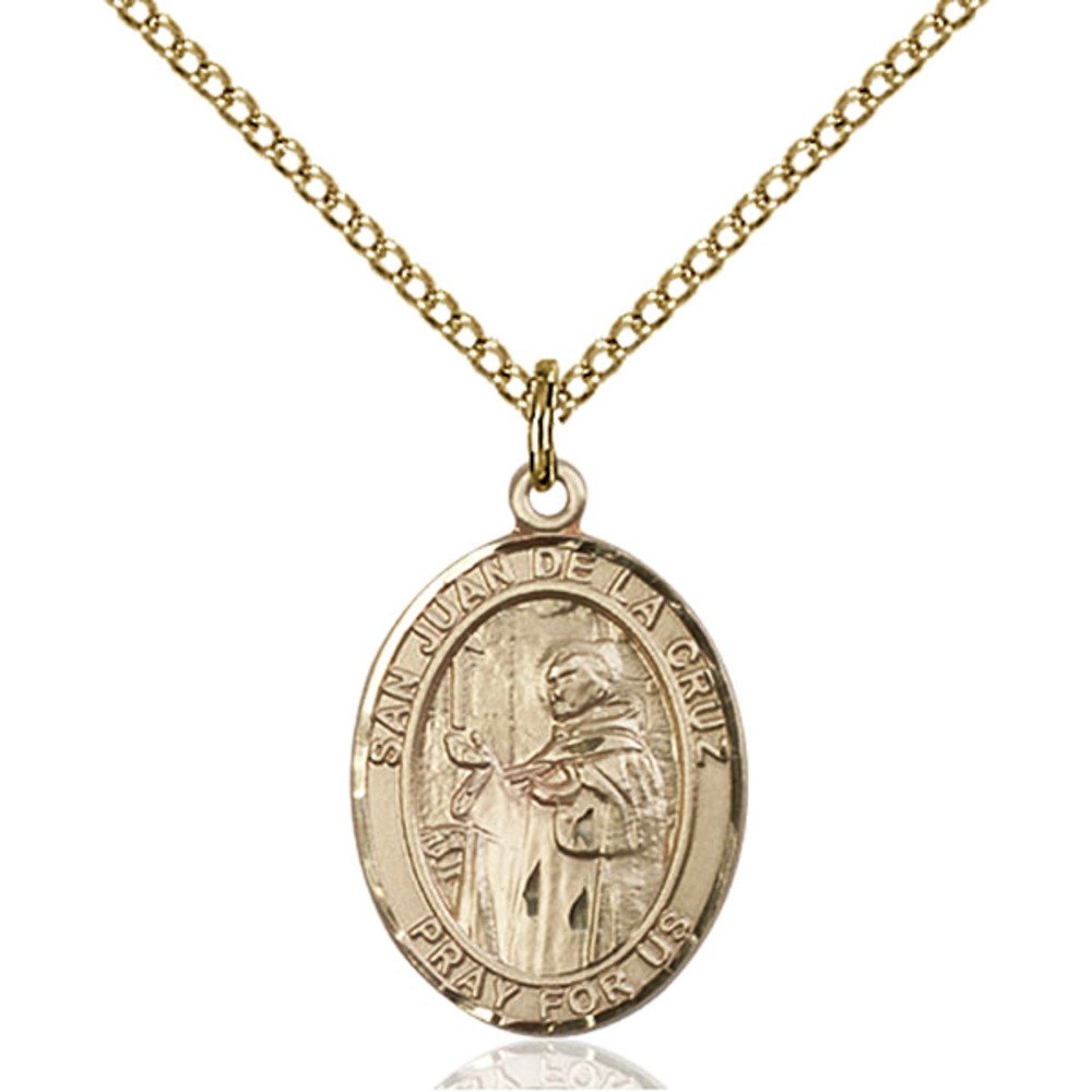 Bonyak Jewelry Saint Medal Collection Custom Engraved Gold Filled San Juan De La Cruz Pendant 3/4 x 1/2 inches with Gold Filled Lite Curb Chain