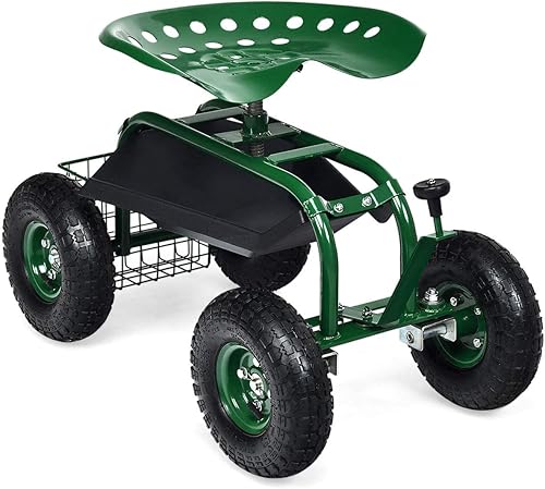 Miniatura 8 de Goplus Asiento de jardín con ruedas, carrito de jardín rodante con asiento giratorio de 360 grados para plantar, taburete de jardinería con bandeja