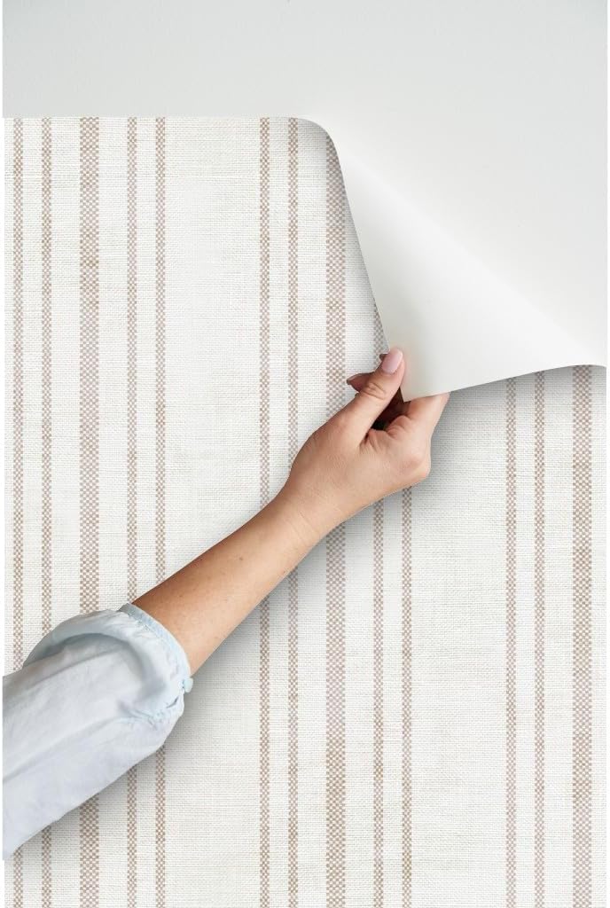 Peel & Stick Wallpaper 12ft x 2ft - Beige, Stripe, Neutral Stripes, Modern, French Country, Granny Chic, Beach House, Coastal Granny, Custom Removable Wallpaper by Spoonflower