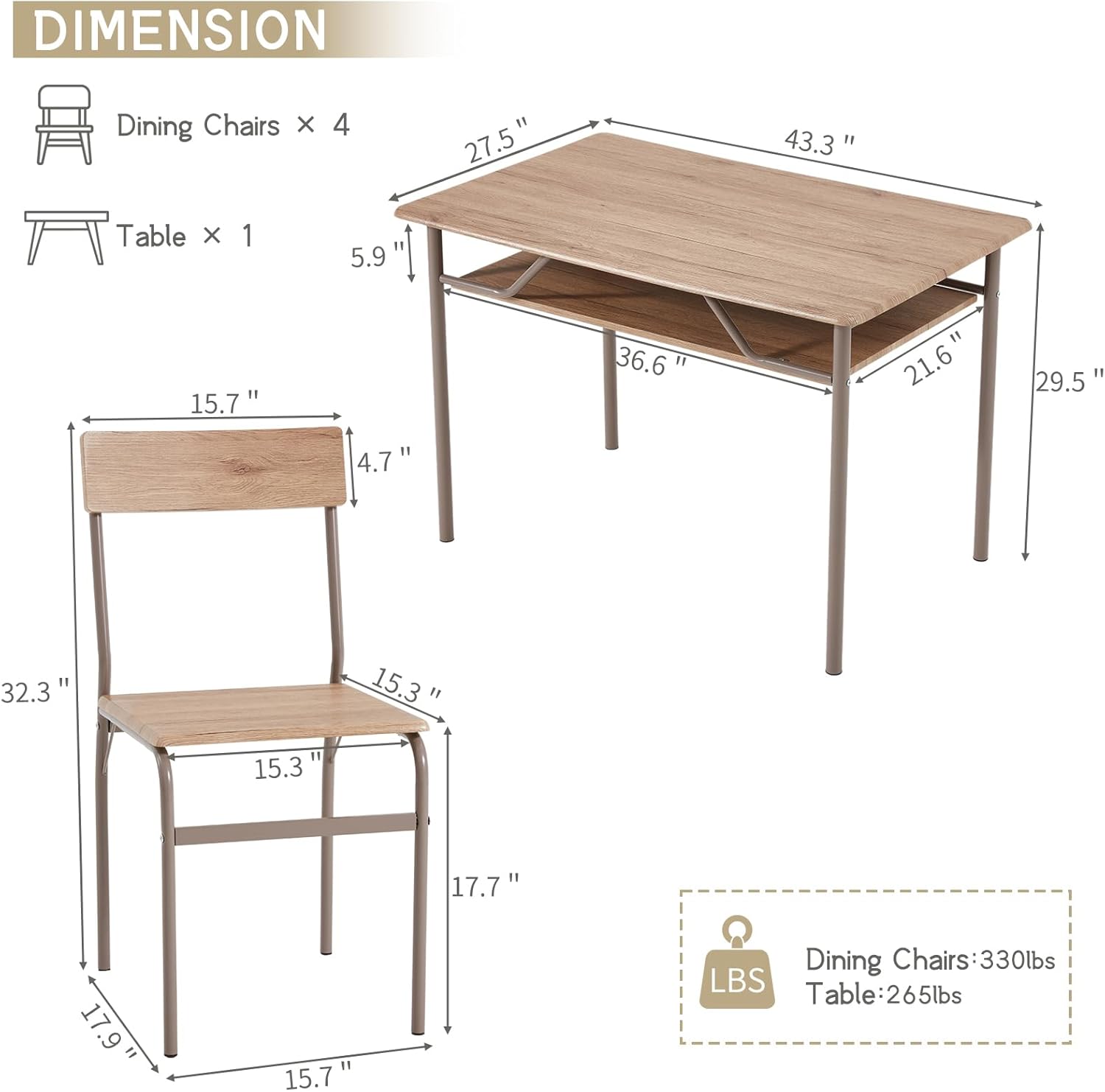ECOTOUGE Dining Table Set for 4, Wood Kitchen Table and Chairs with Storage Shelves & Metal Frame, Compact Mid-Century Modern Rectangle Dinner Table Sets for Small Space, Apartment, Natural image 7 of 8 B0F23MCL6G