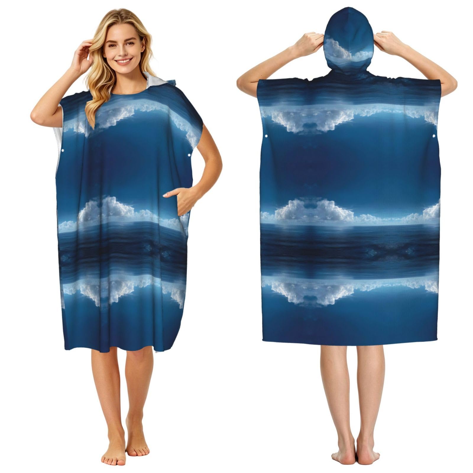 EZDLOWVBA Blue Ocean And Sky Print Hooded Poncho Microfiber Beach Towel,Adult Women & Men Changing Robe,Lightweight Summer Surf Swim Bath Poncho Towel